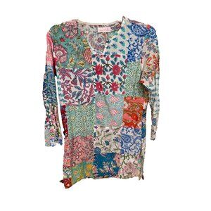 Mary Marshmallow Patchwork Tunic Blouse Top Sz M Womens Floral 3/4 Sleeve Boho